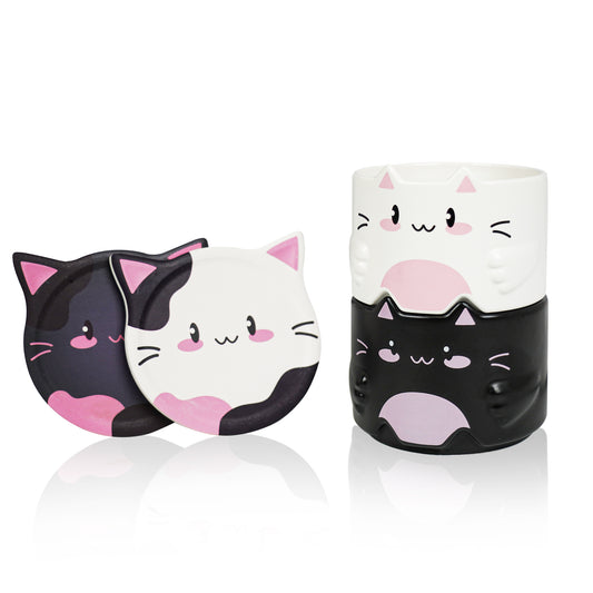 YOBRO Cat Mugs with Drink Coasters Set of 2  10oz