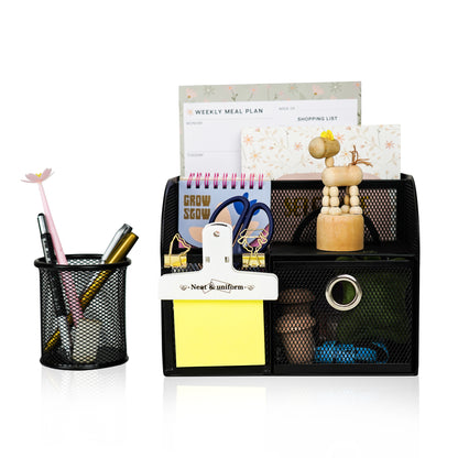 YOBRO Mesh Pen Holder Desk Organizer With Sticky Note Holder and Paper Clips Balck and White