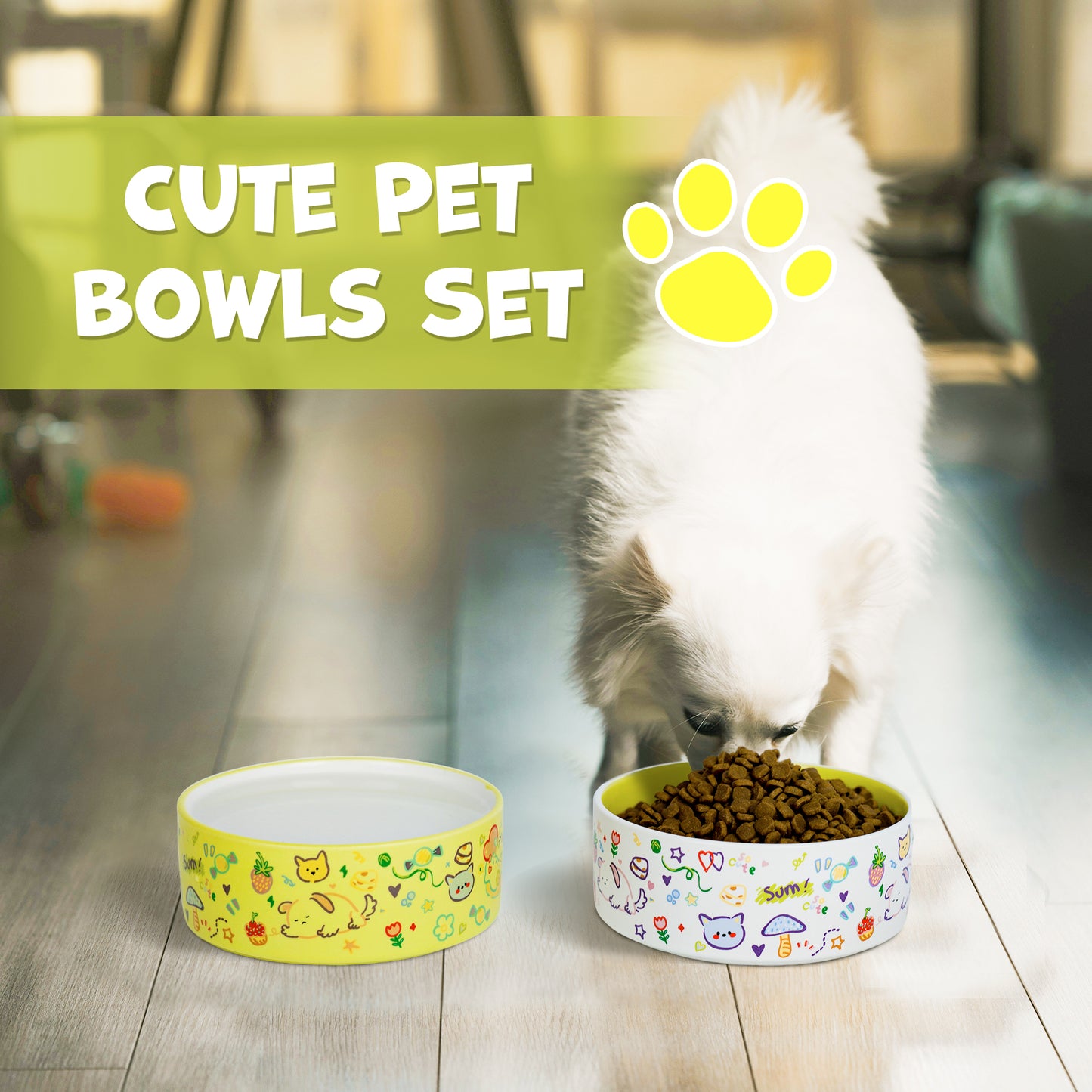 Cute Small Dog Bowl Set Green&White