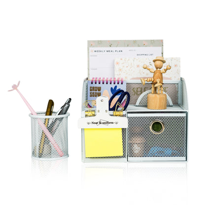 YOBRO Mesh Pen Holder Desk Organizer With Sticky Note Holder and Paper Clips Balck and White