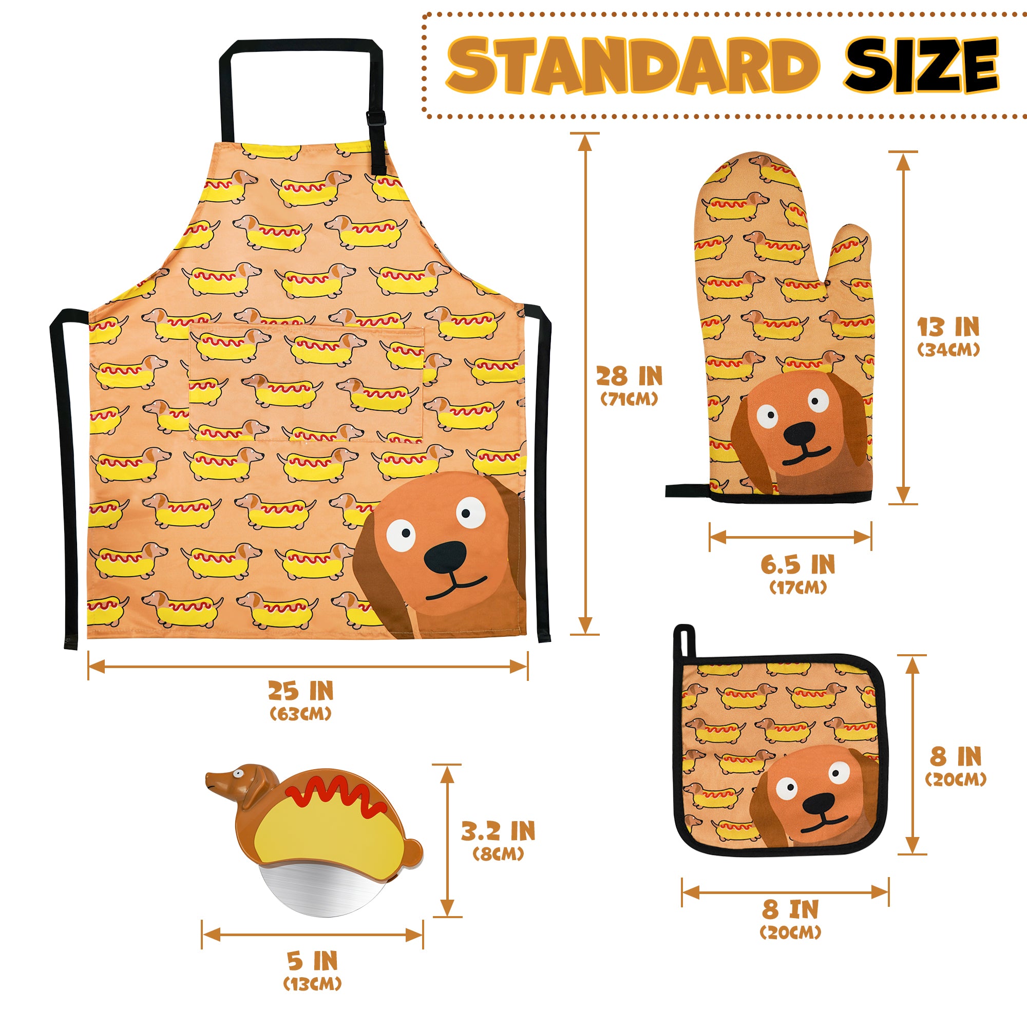 YOBRO Hot Dog Oven Mitts and Pot Holders with Cooking Apron set, with Pizza Cutter Wheel, Unique Gift Idea for Family & Dachshund Lovers