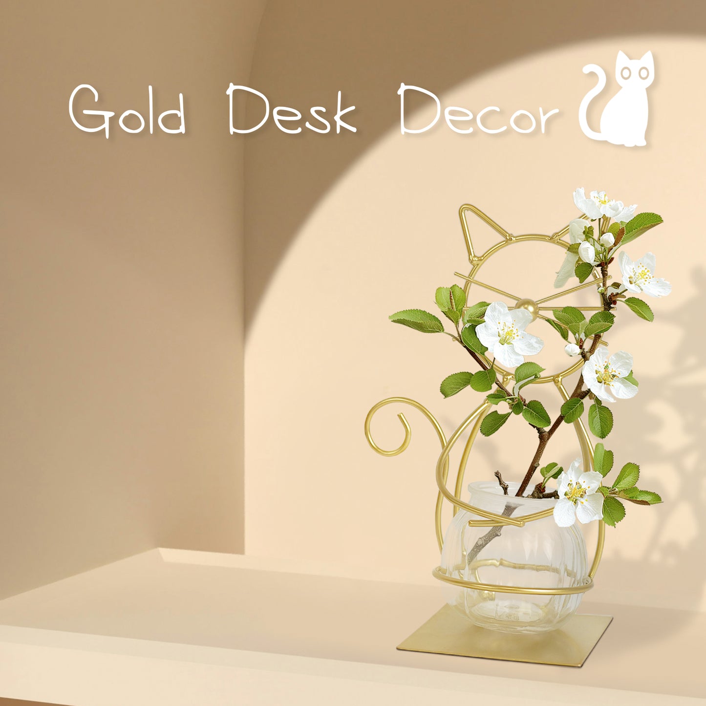 Glass Planters Vase Desk Plant Decor Gold Cat