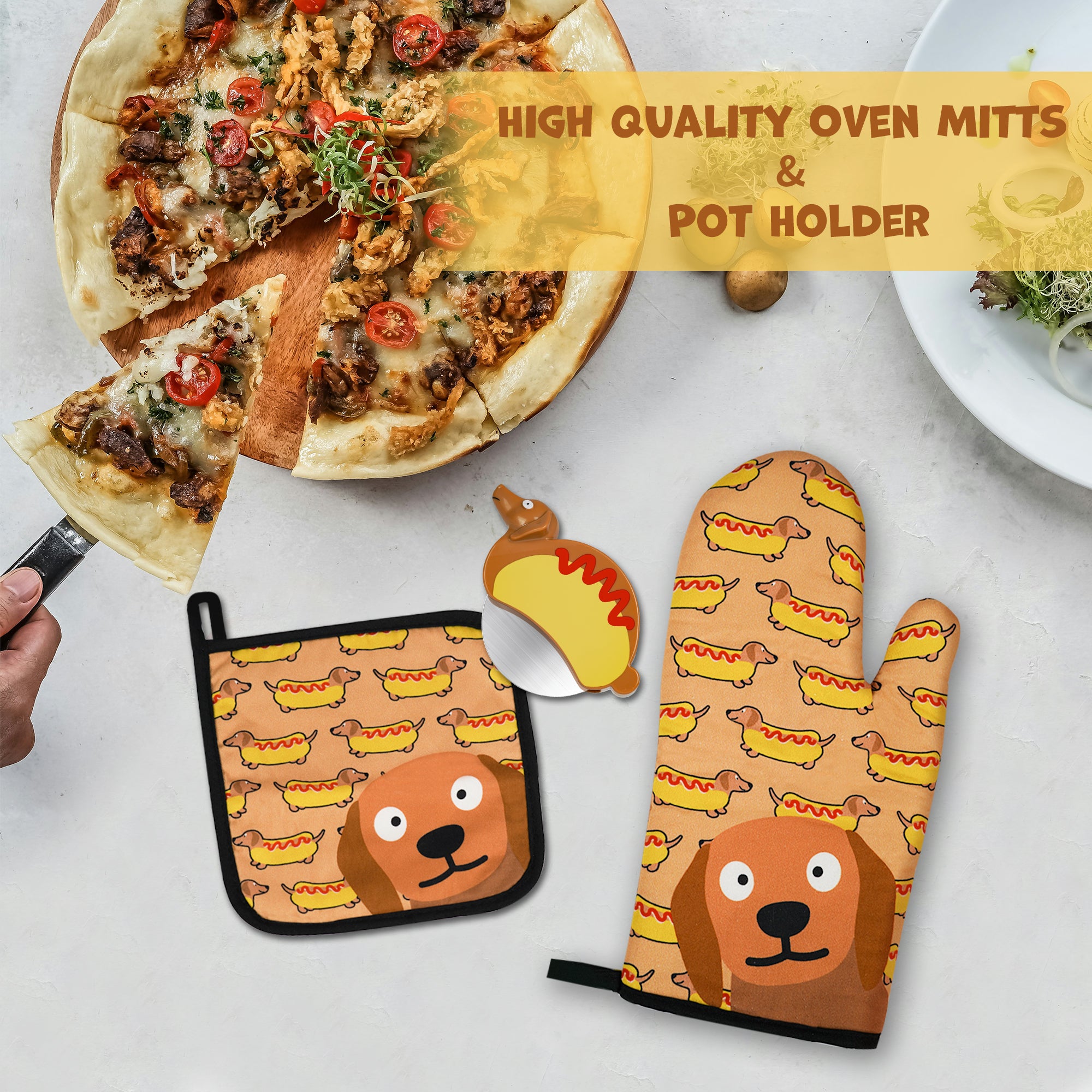 YOBRO Hot Dog Oven Mitts and Pot Holders with Cooking Apron set, with Pizza Cutter Wheel, Unique Gift Idea for Family & Dachshund Lovers
