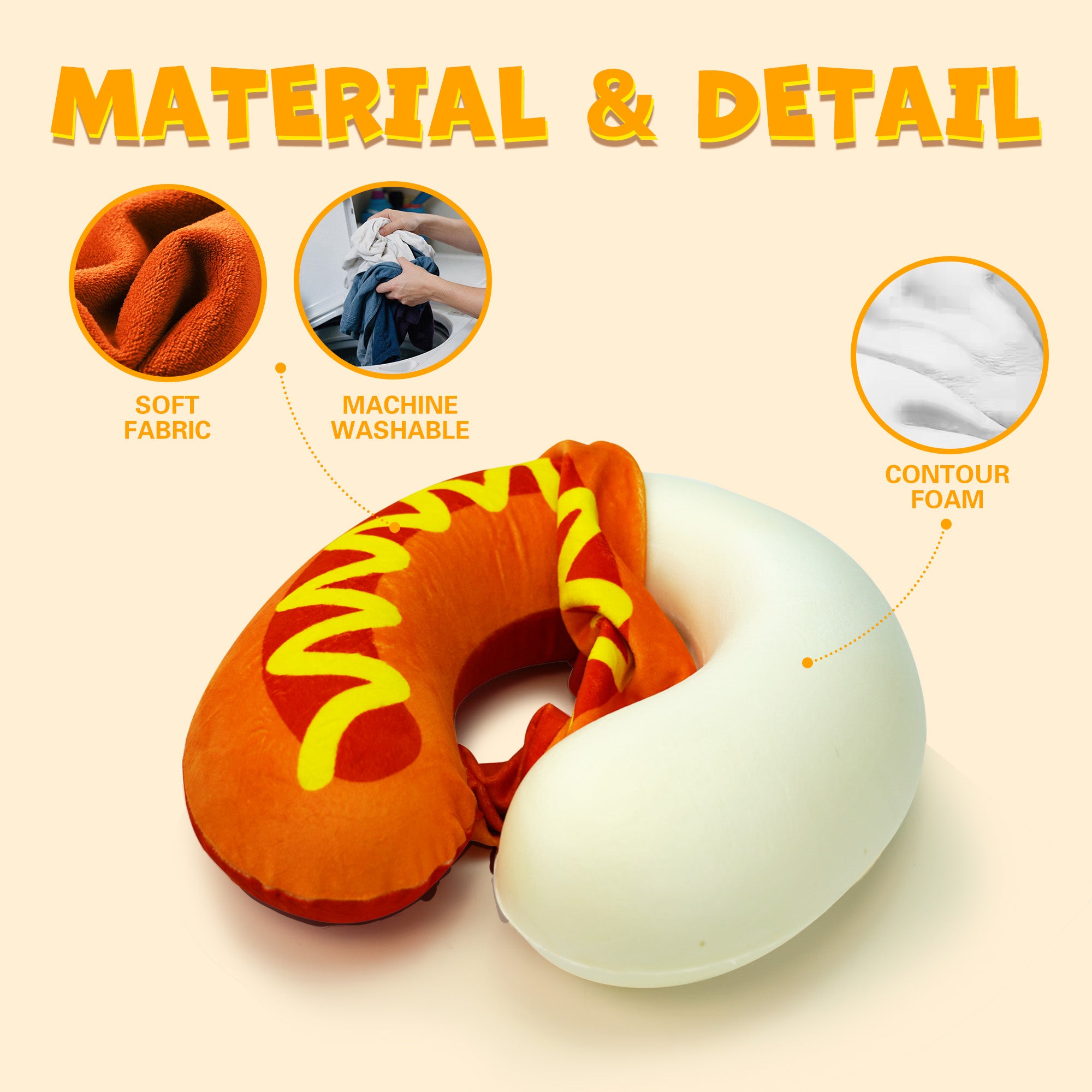 Hot Dog Travel Pillow, U-Shape Neck Rest, Brown