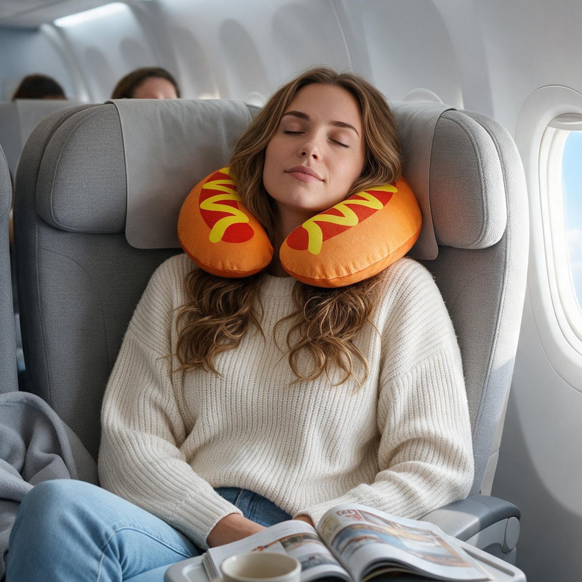 Hot Dog Travel Pillow, U-Shape Neck Rest, Brown