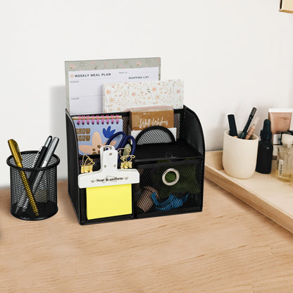 YOBRO Mesh Pen Holder Desk Organizer With Sticky Note Holder and Paper Clips Balck and White