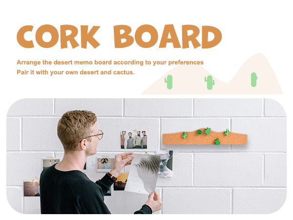 YOBRO Memo Desert Cork Slats Set - Pin Board with Cactus Shape Push Pins