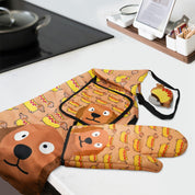 YOBRO Hot Dog Oven Mitts and Pot Holders with Cooking Apron set, with Pizza Cutter Wheel, Unique Gift Idea for Family & Dachshund Lovers