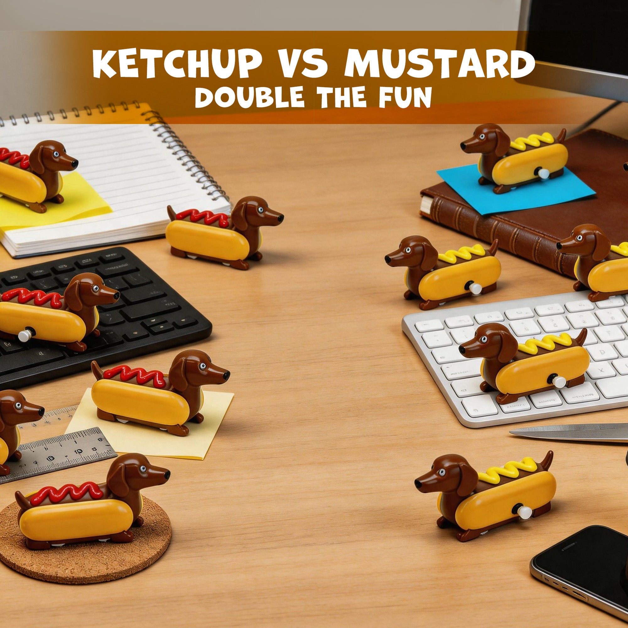YOBRO Hot Dog Wind-up Dachshund Toys, Set of 2 – Ketchup & Mustard, Staring Desk Toy for Stress & Boredom Relief