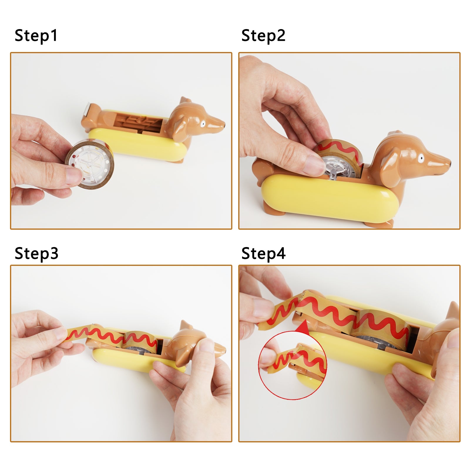 Distributeur de ruban adhésif YOBRO Hotdog avec 4 rubans (2 rouges, 2 jaunes) 
