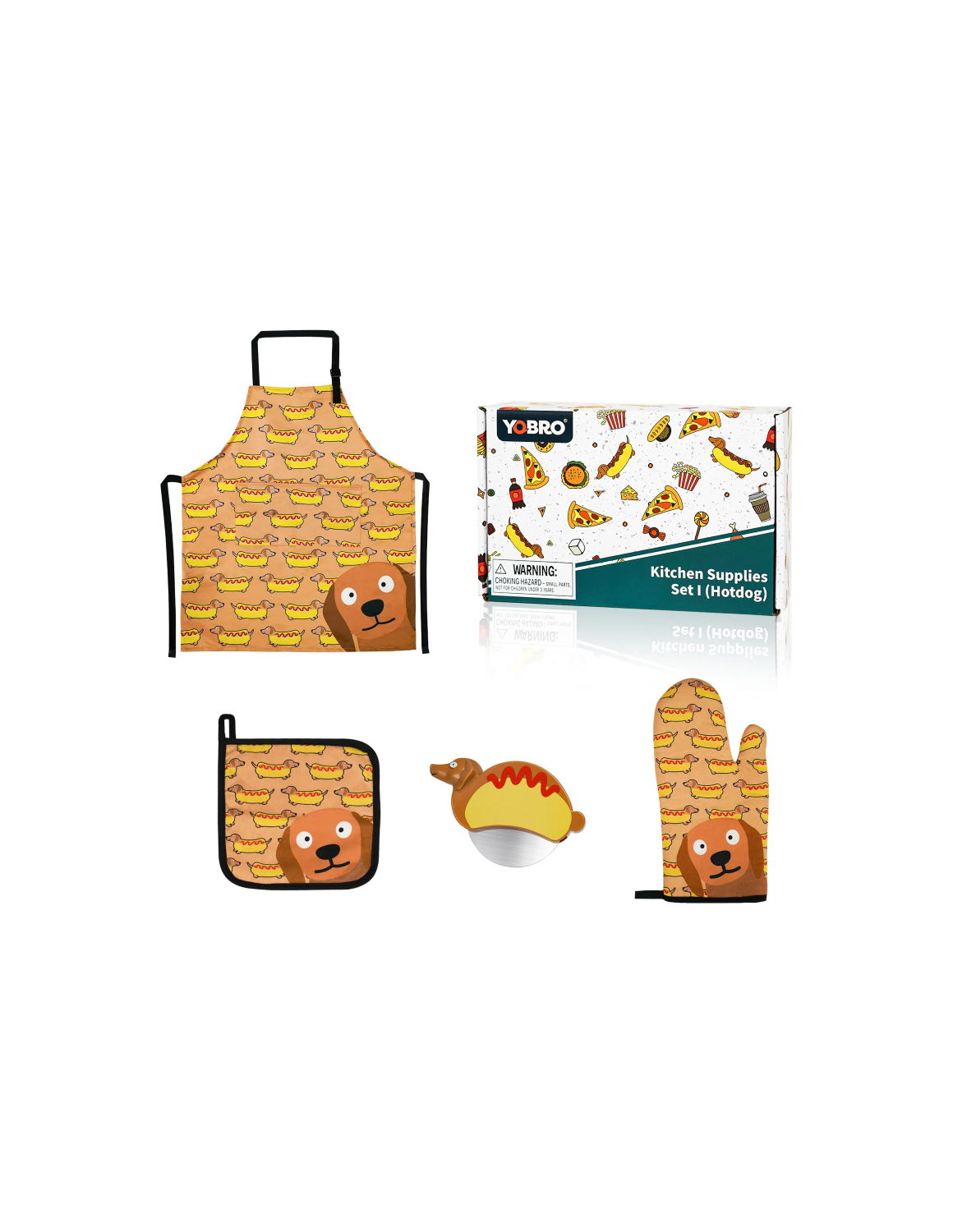 YOBRO Hot Dog Oven Mitts and Pot Holders with Cooking Apron set, with Pizza Cutter Wheel, Unique Gift Idea for Family & Dachshund Lovers