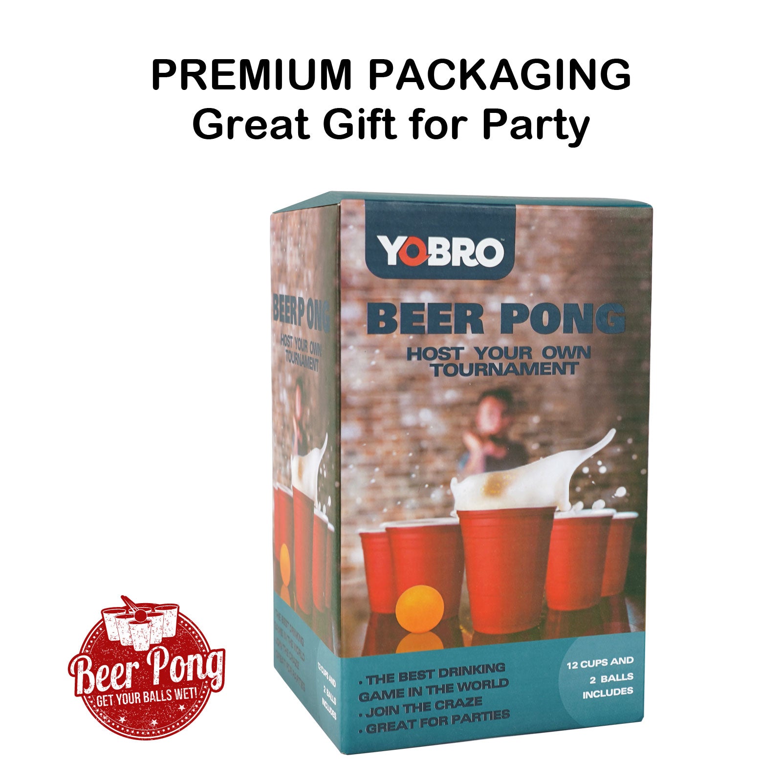 YOBRO Beer Pong Set Complete 12 Cups & 2 Red Balls America's #1 Drinking Game, Reusable
